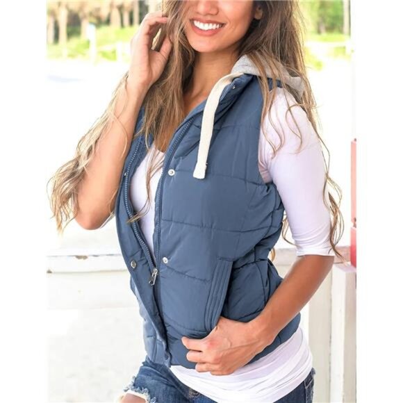 Yeokou Women's Slim Sleeveless Quilted Removable Hooded Winter Puffer Vest Coat - Picture 4 of 7